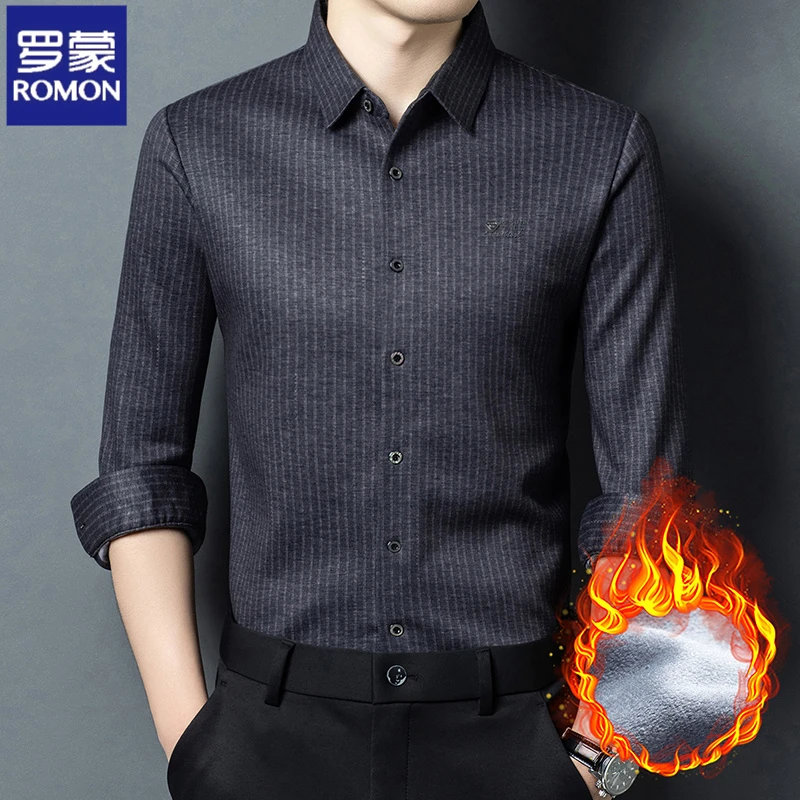 Romon/罗蒙冬季高档加绒条纹羊毛桑蚕丝秋冬男长袖商务休闲衬衫