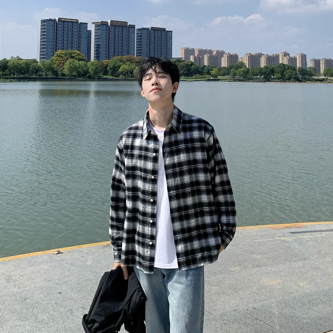 SUNSET 简约黑白格子长袖衬衫男2025秋季宽松百搭休闲衬衣【C115】