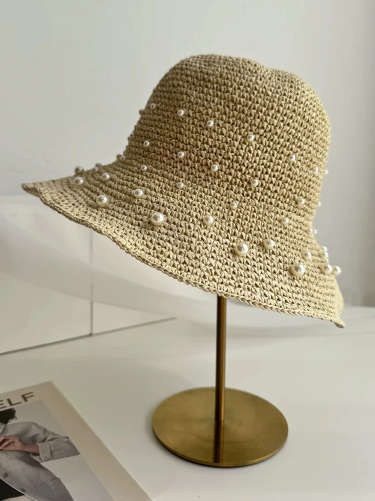 夏季草帽手共钉珠款纯色盆帽防晒帽夏天遮脸时尚韩版（176）