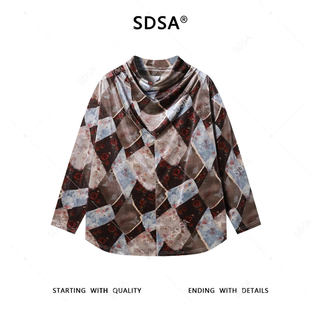 SDSA男士秋冬新款痞帅男装潮牌撞色玫瑰花立领长袖T恤休闲碎花潮