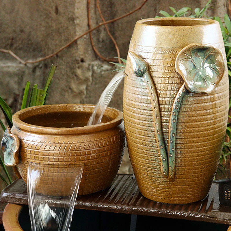 循环水养鱼流水瀑布过滤器造景大号鱼池生态陶瓷摆件陶罐古法鱼缸