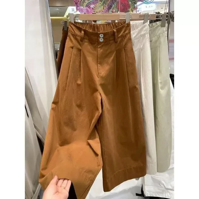 2568褶皱直筒阔腿裤2025夏季新款高腰半松紧腰休闲九分裤裤子