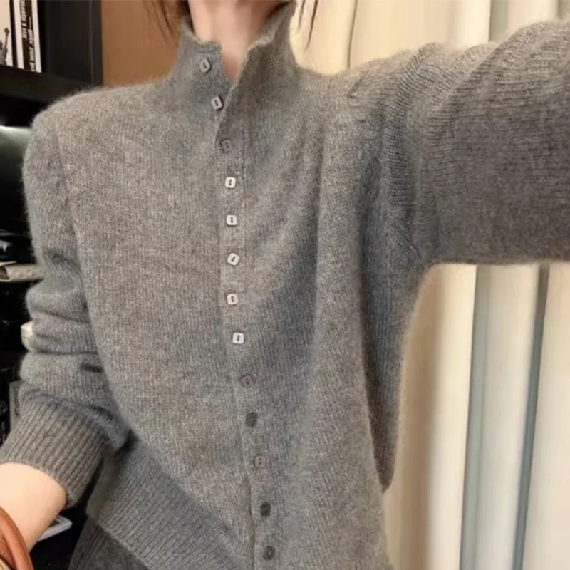 韩系复古单排扣半高领针织开衫 LJF048