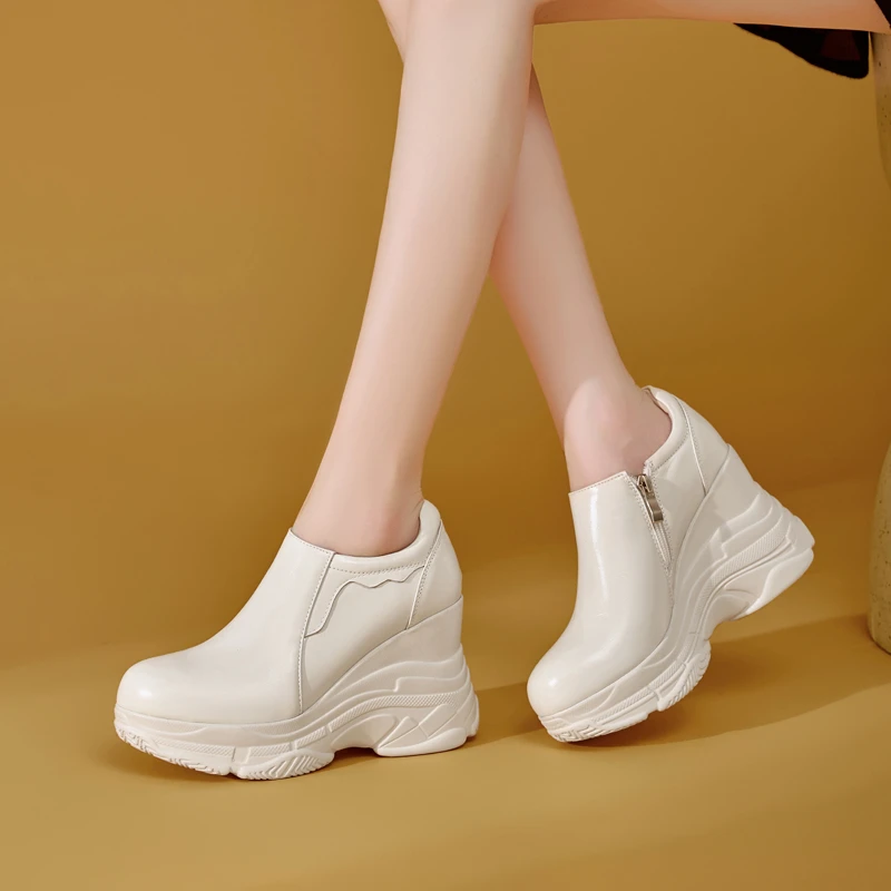 9.5cm小个子休闲厚底坡跟鞋轻便不累脚超高跟单鞋侧拉链深口女鞋