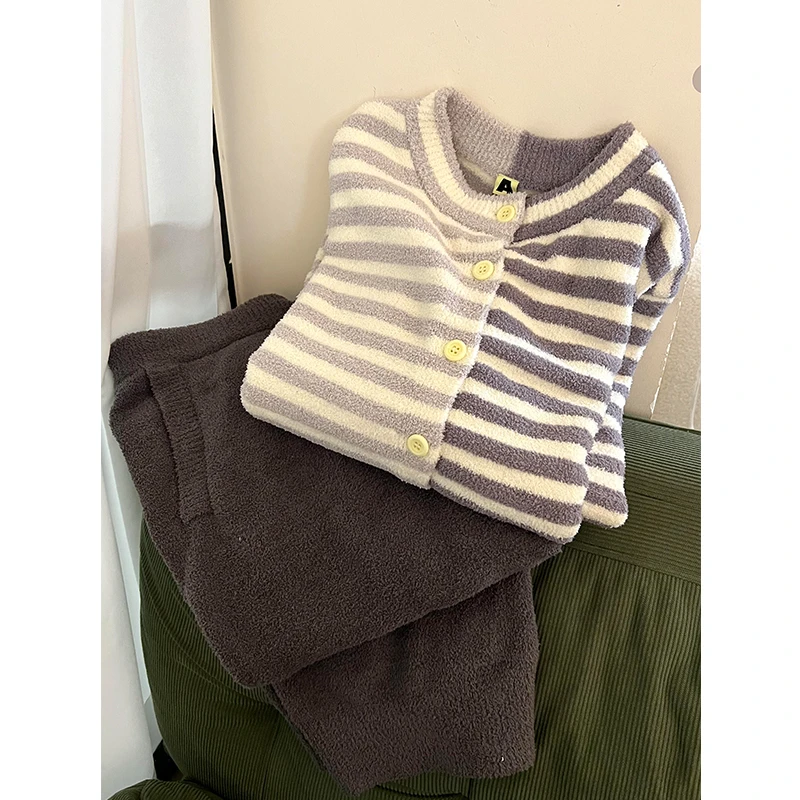 日系休闲简约撞色条纹半边绒睡衣女秋冬新款长袖可外穿家居服套装