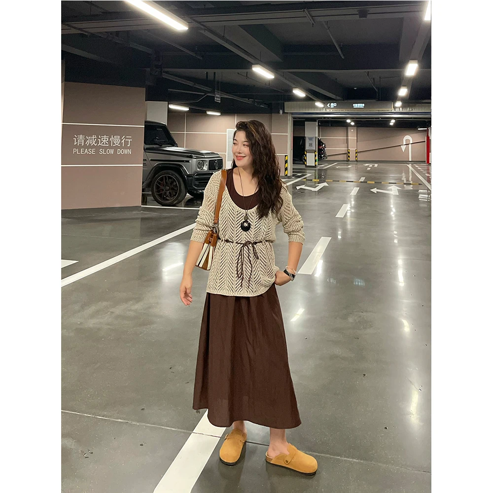 WenWen小个子2025秋针织镂空上衣+背心连衣裙气质两件套装4240版