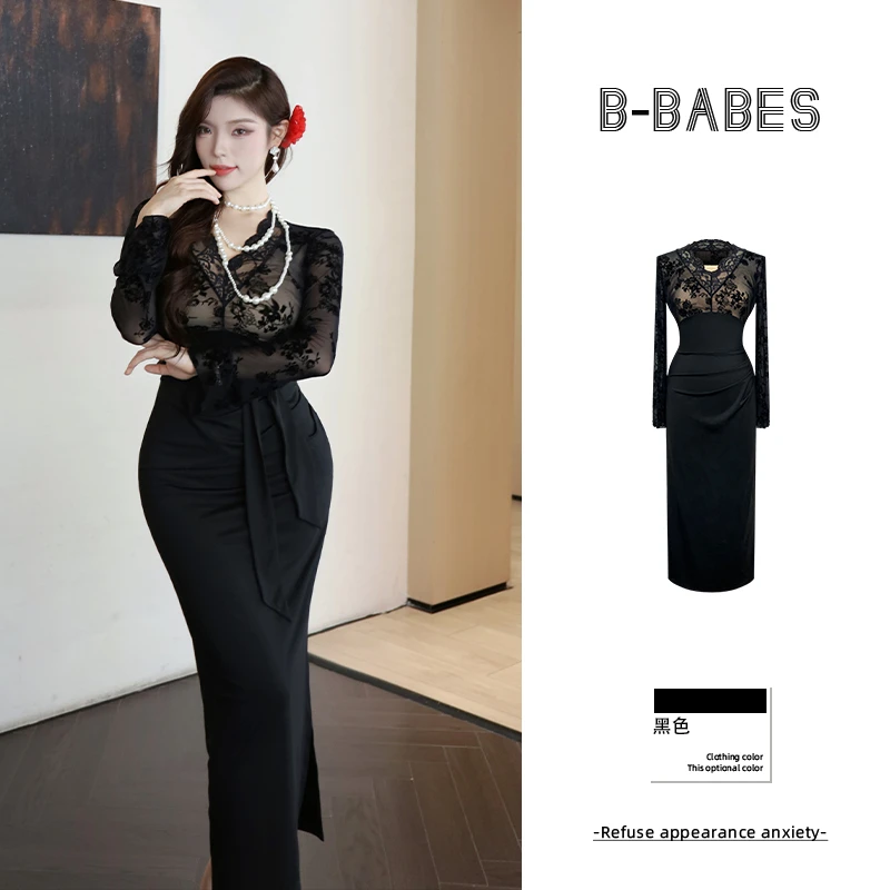 B-babes【小妈诀窍】御姐风性感蕾丝拼接长袖连衣裙气质收腰遮肉裙