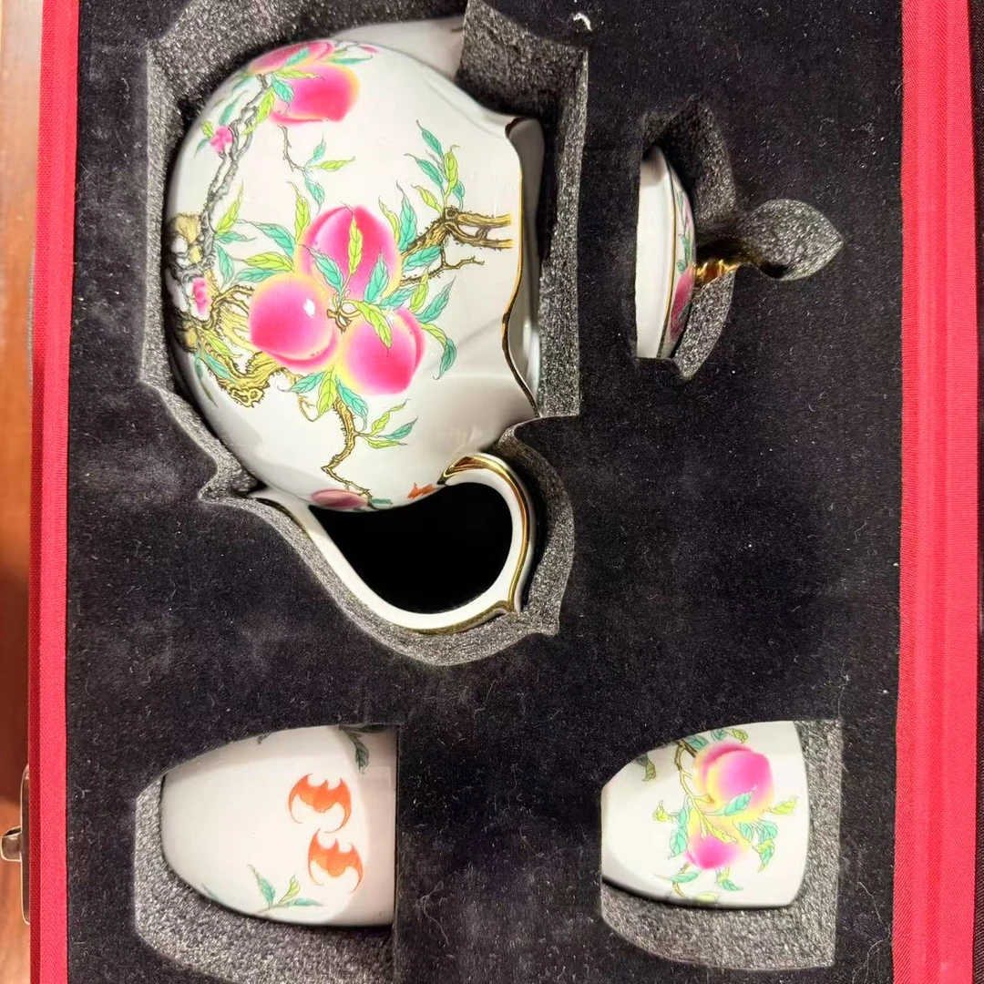 【王家陶瓷】XD-九桃玉福图一壶四杯礼盒装