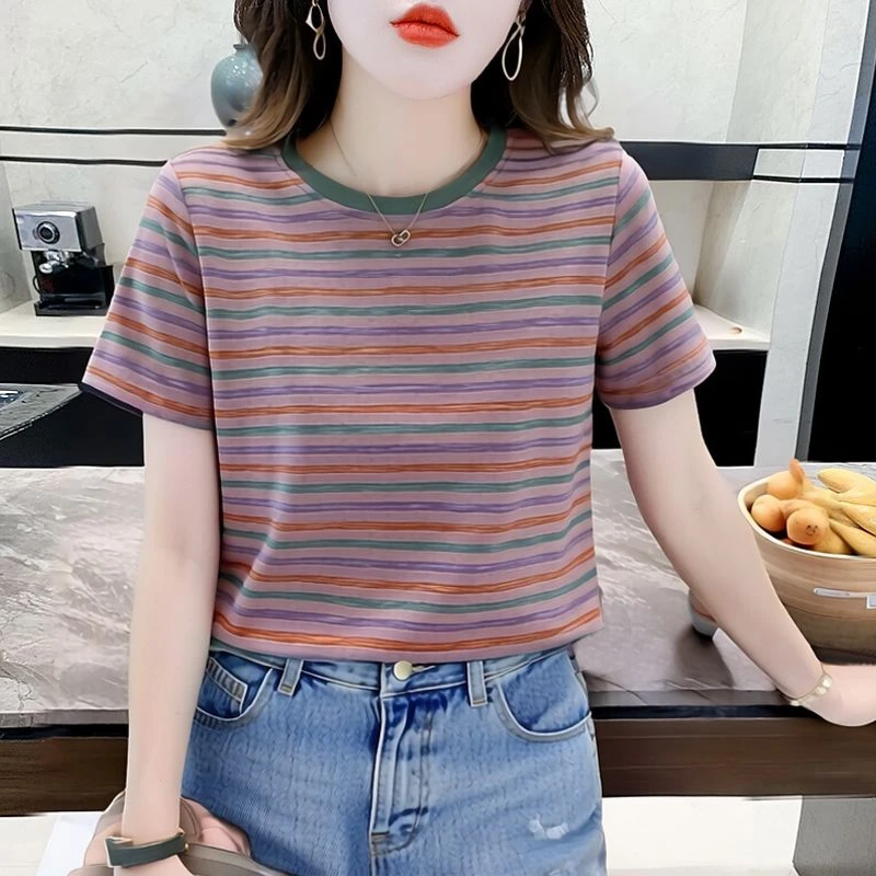 彩虹条纹正肩t恤女夏季新款宽松体恤衫2025夏天圆领纯棉短袖上衣