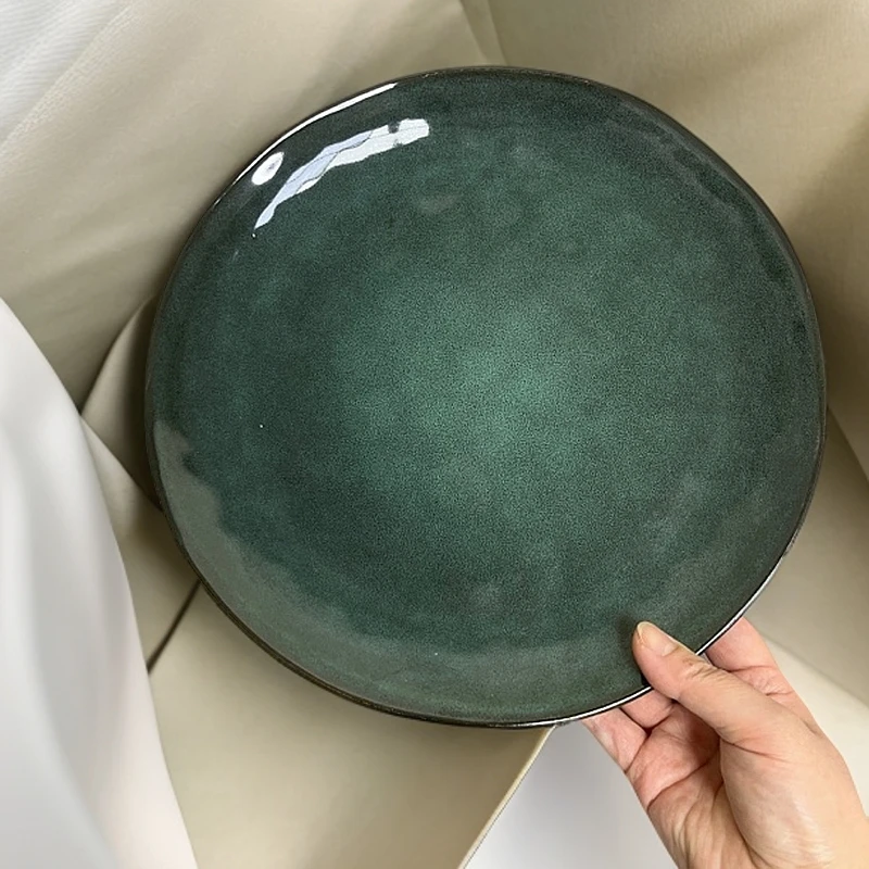 新款大盘墨绿色复古餐盘锤纹果盘牛排盘西餐盘家用菜盘3488微瑕
