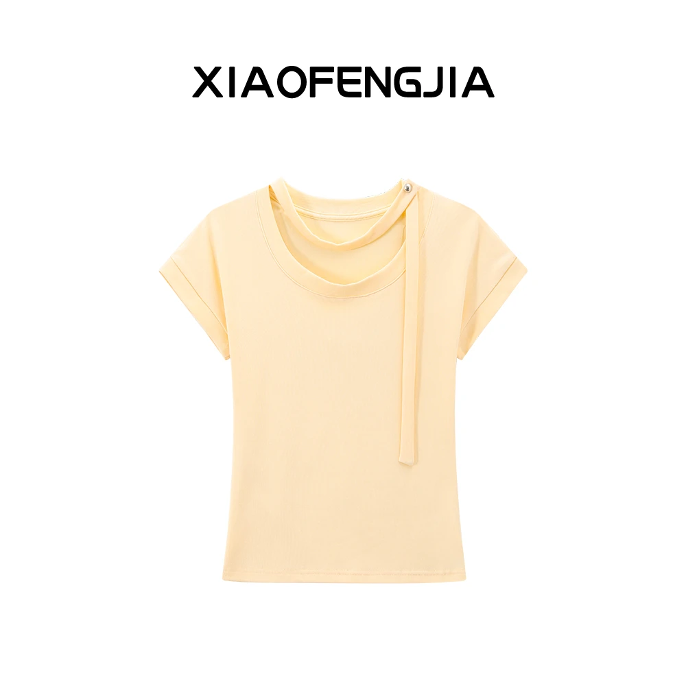 2025夏季新款【四季青小封家轻奢】时尚百搭飘带设计感T恤上衣5083