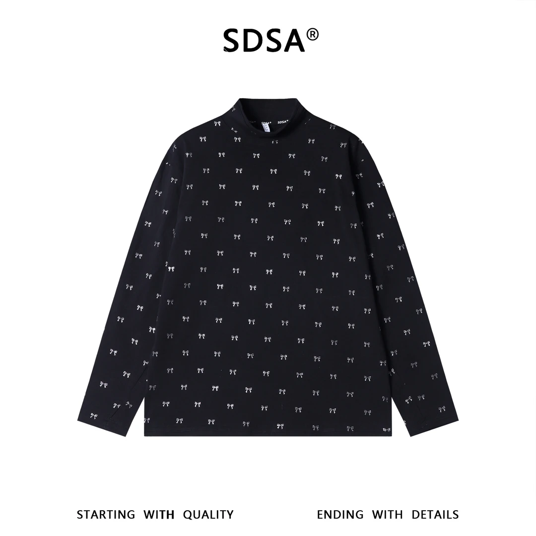 SDSA男士秋冬新款痞帅男装简约撞色满印蝴蝶结印花立领长袖T恤潮
