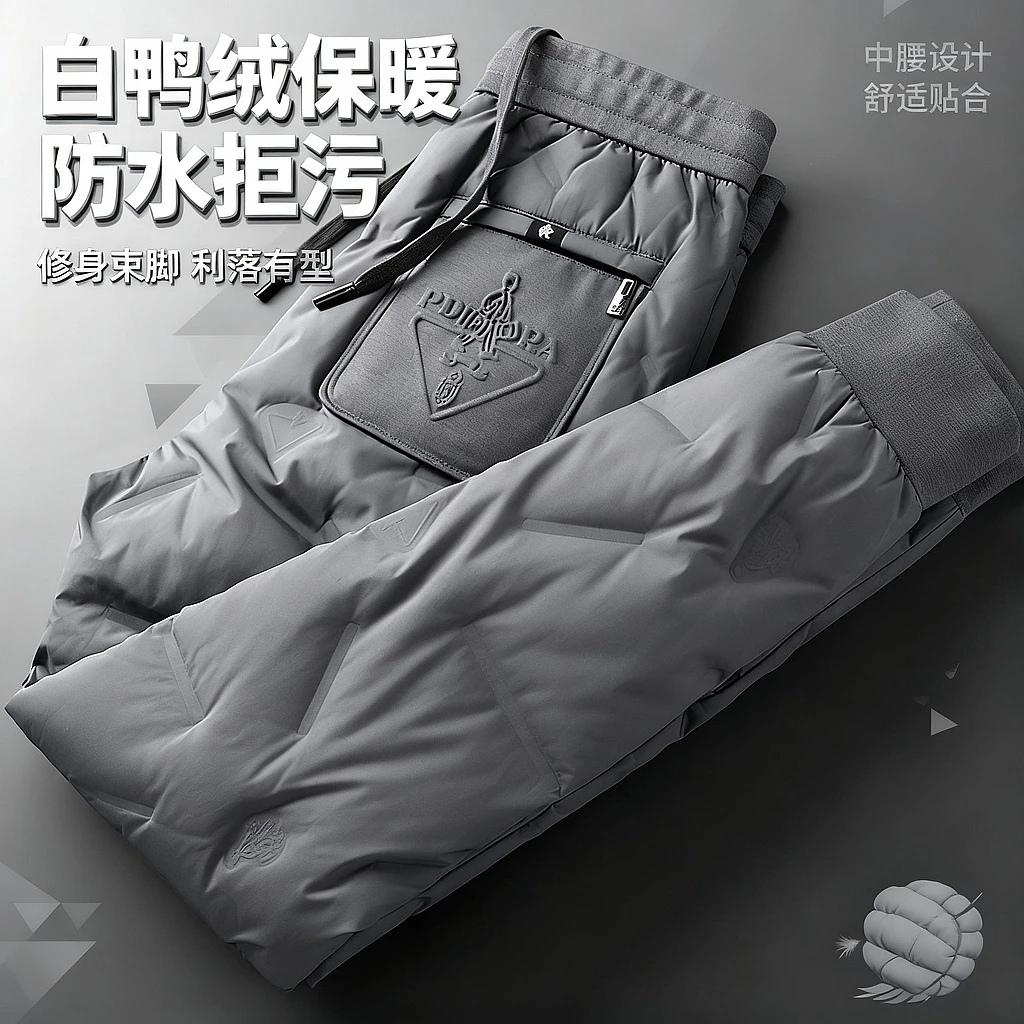 高端冬季白鸭绒羽绒裤男士保暖轻薄上身不臃肿户外防水羽绒裤收脚