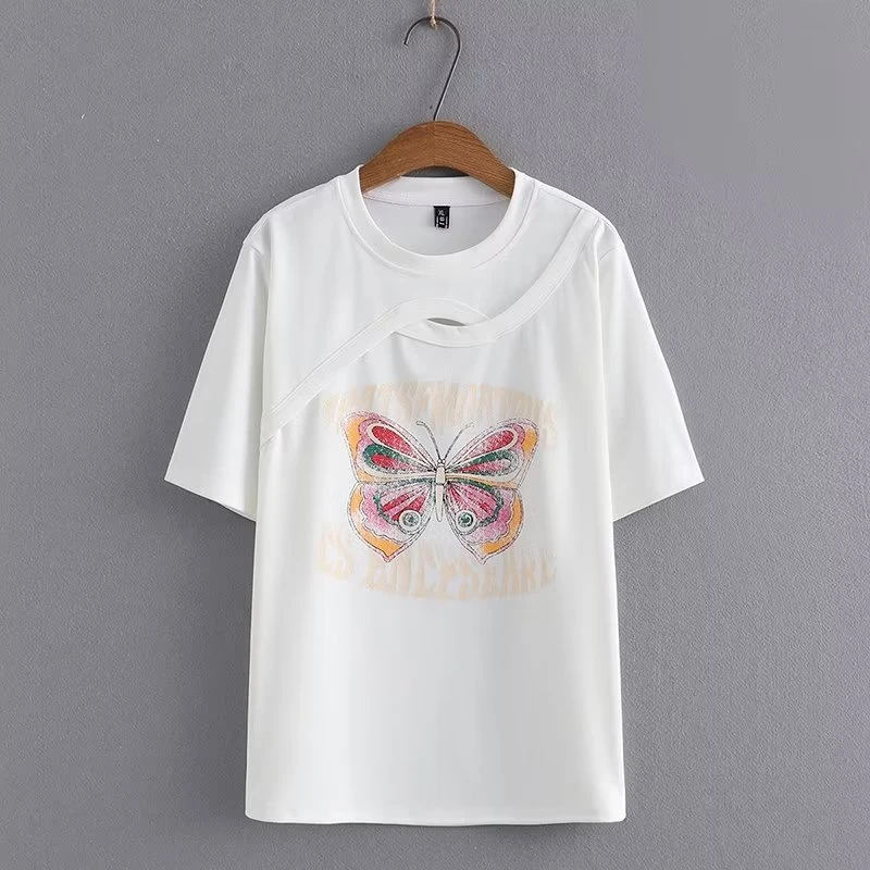 XB2312蝴蝶印花交叉镂空短袖T恤大码女装圆领休闲上衣百搭显瘦夏
