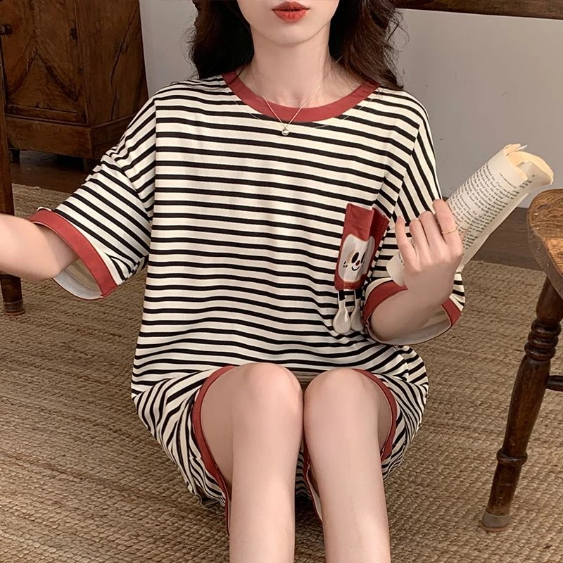 少女短袖圆领夏季夏天网红家居服仿棉女睡衣可爱短裤套装