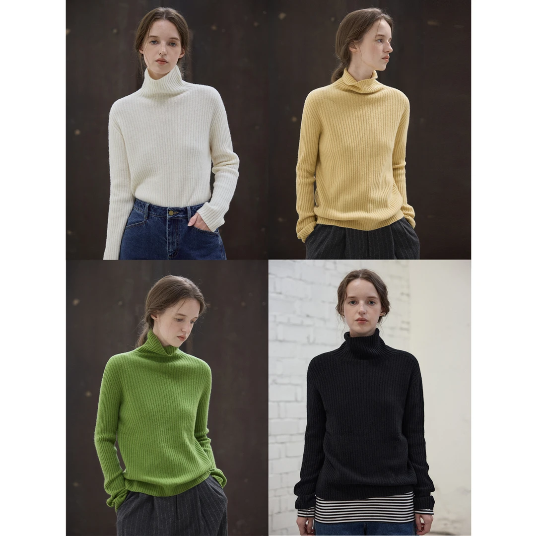 100羊毛 无缝一体坑条高领针织打底衫