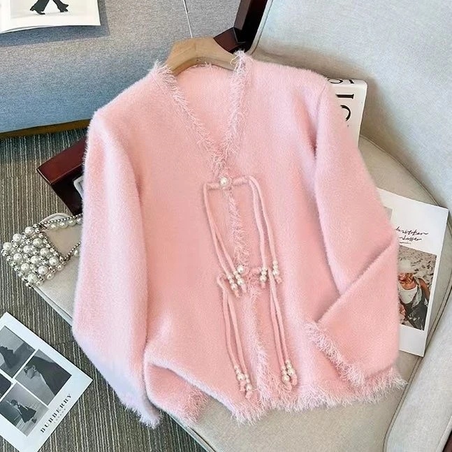 新中式国风盘扣针织开衫上衣女秋冬新款流苏毛边v领长袖毛衣外套