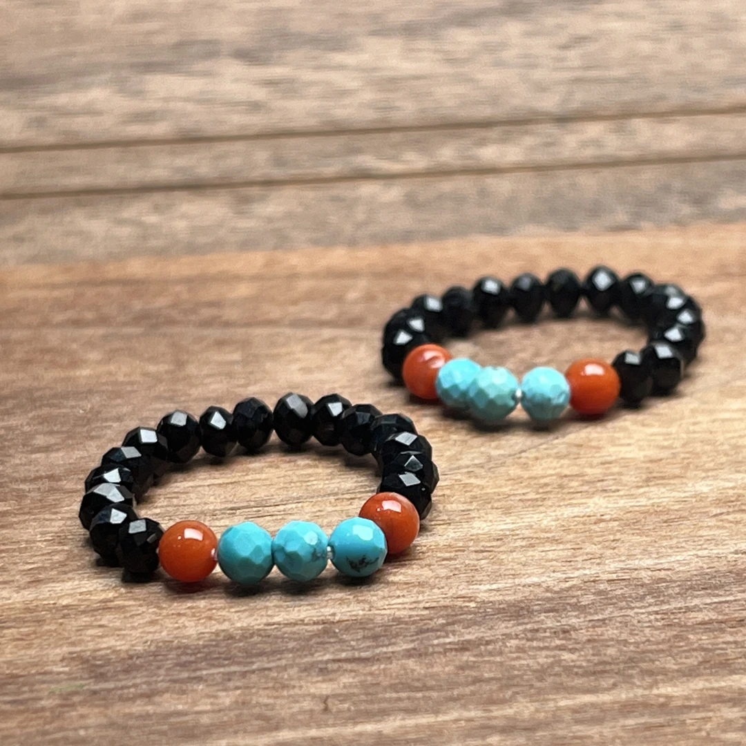 【沫家】天然原矿南红+绿松石无相配珠戒指文玩跑环【随机发货一件】