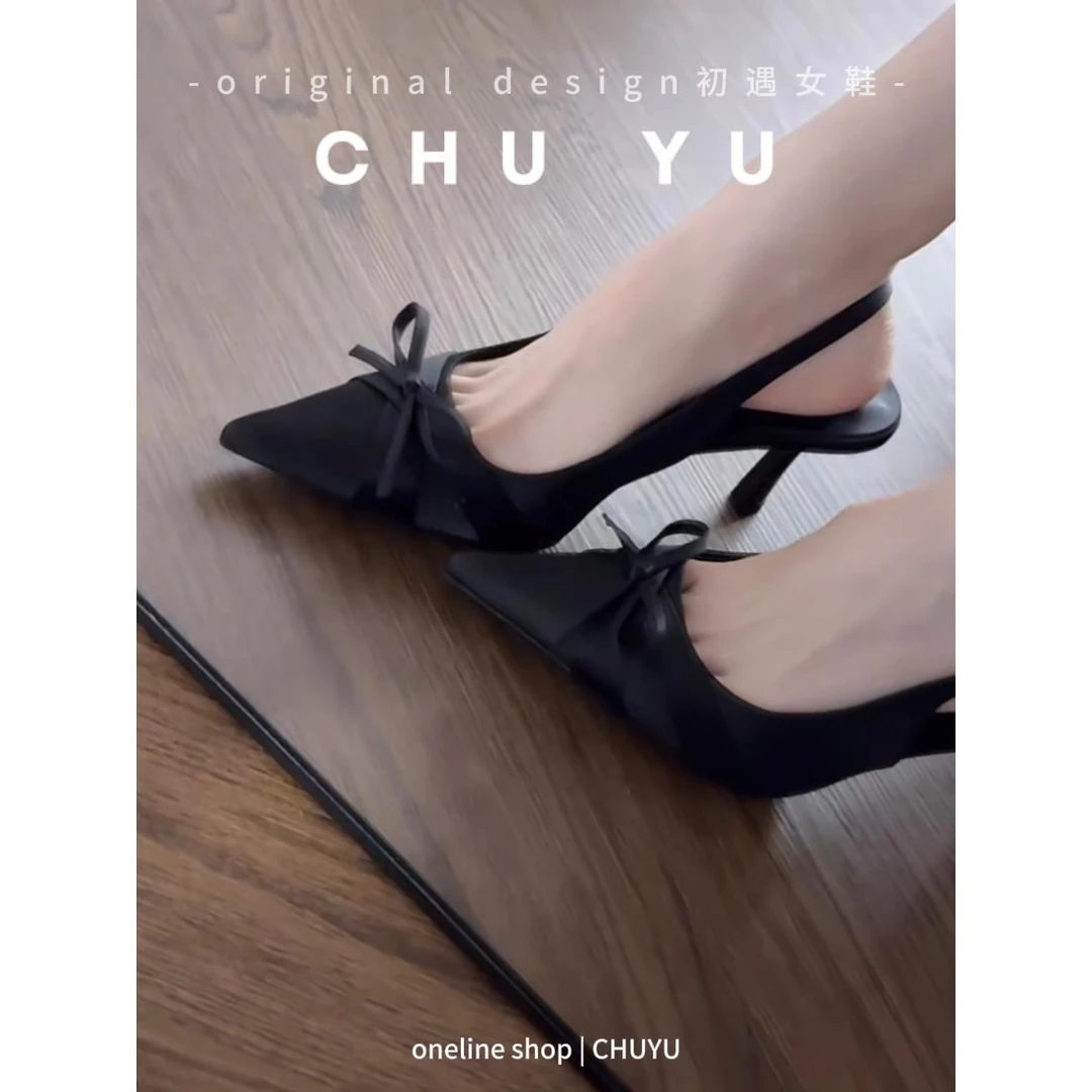 法式宴会绸缎蝴蝶结细跟浅口单鞋女尖头不累脚后空后绊带凉鞋女鞋