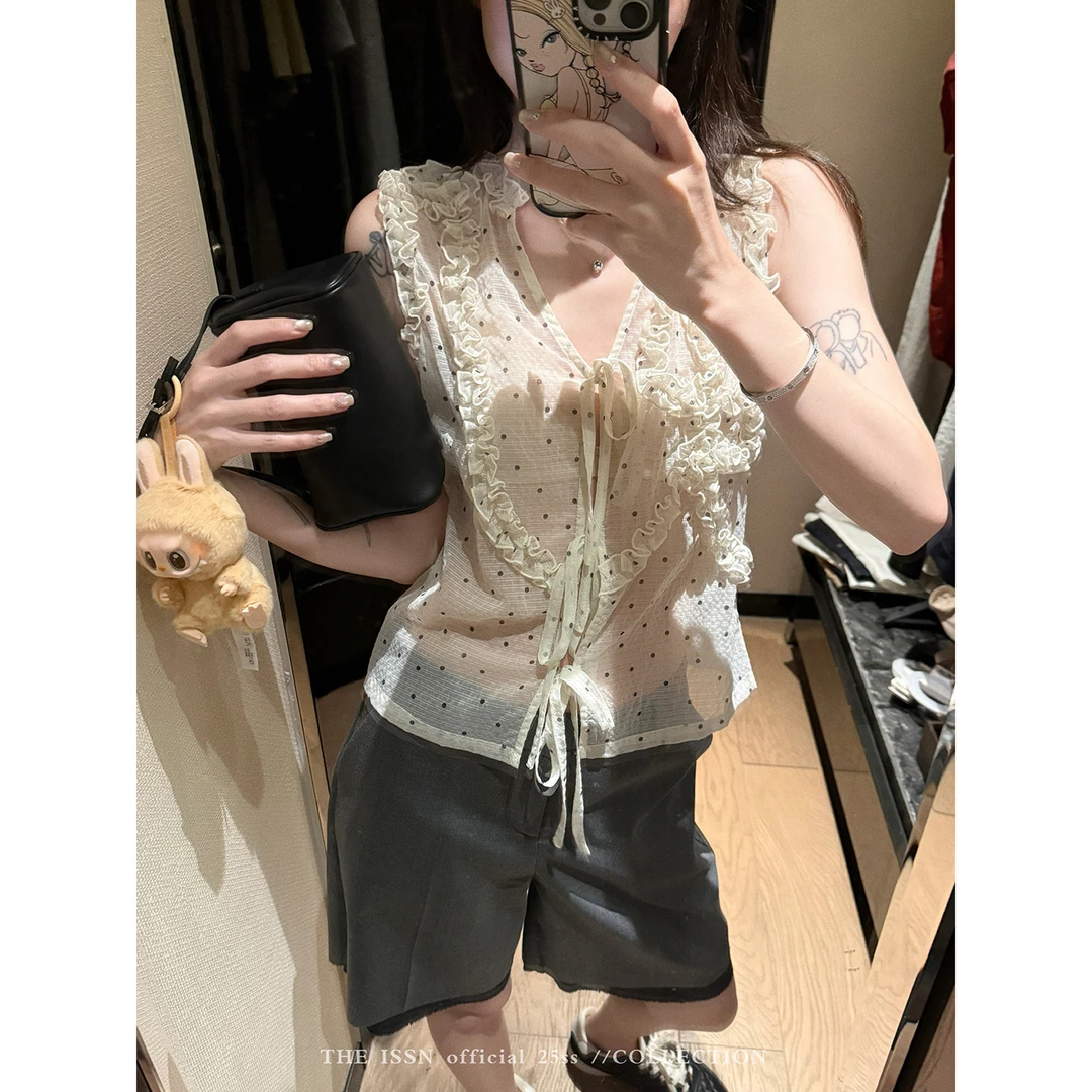 THEISSN宁司 花边波点v领背心女夏季设计感无袖上衣 0994