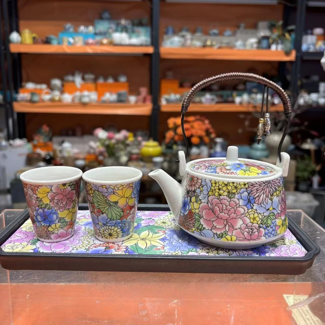 友名   复古陶瓷五彩万花提梁壶一壶两杯小套装功夫茶具套-2591