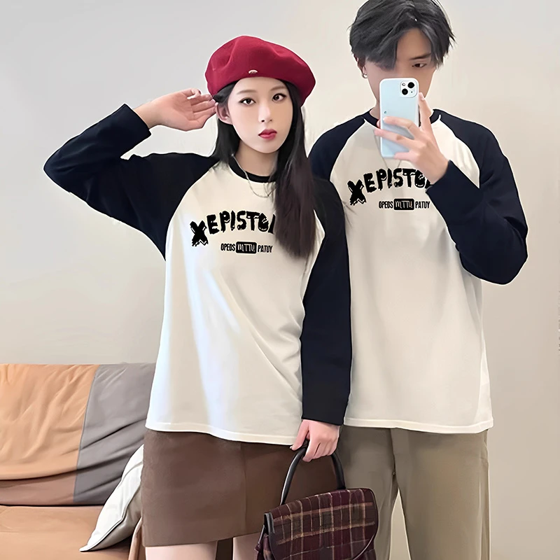 胖mm300斤秋冬新款英文印花拼色网红情侣长袖t恤女宽松潮牌