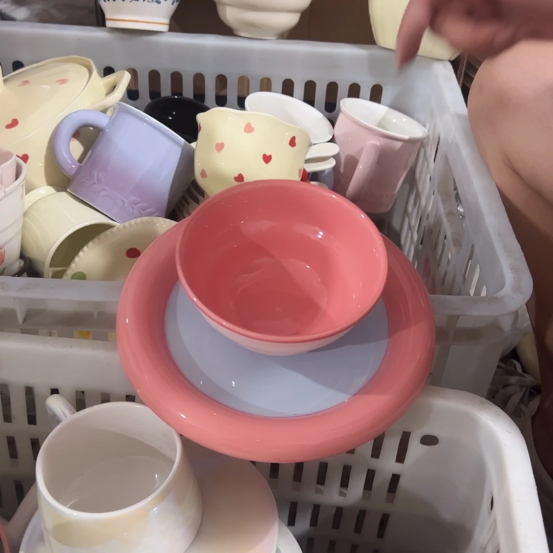 瓷片嘟嘟盘粉色加碗微瑕