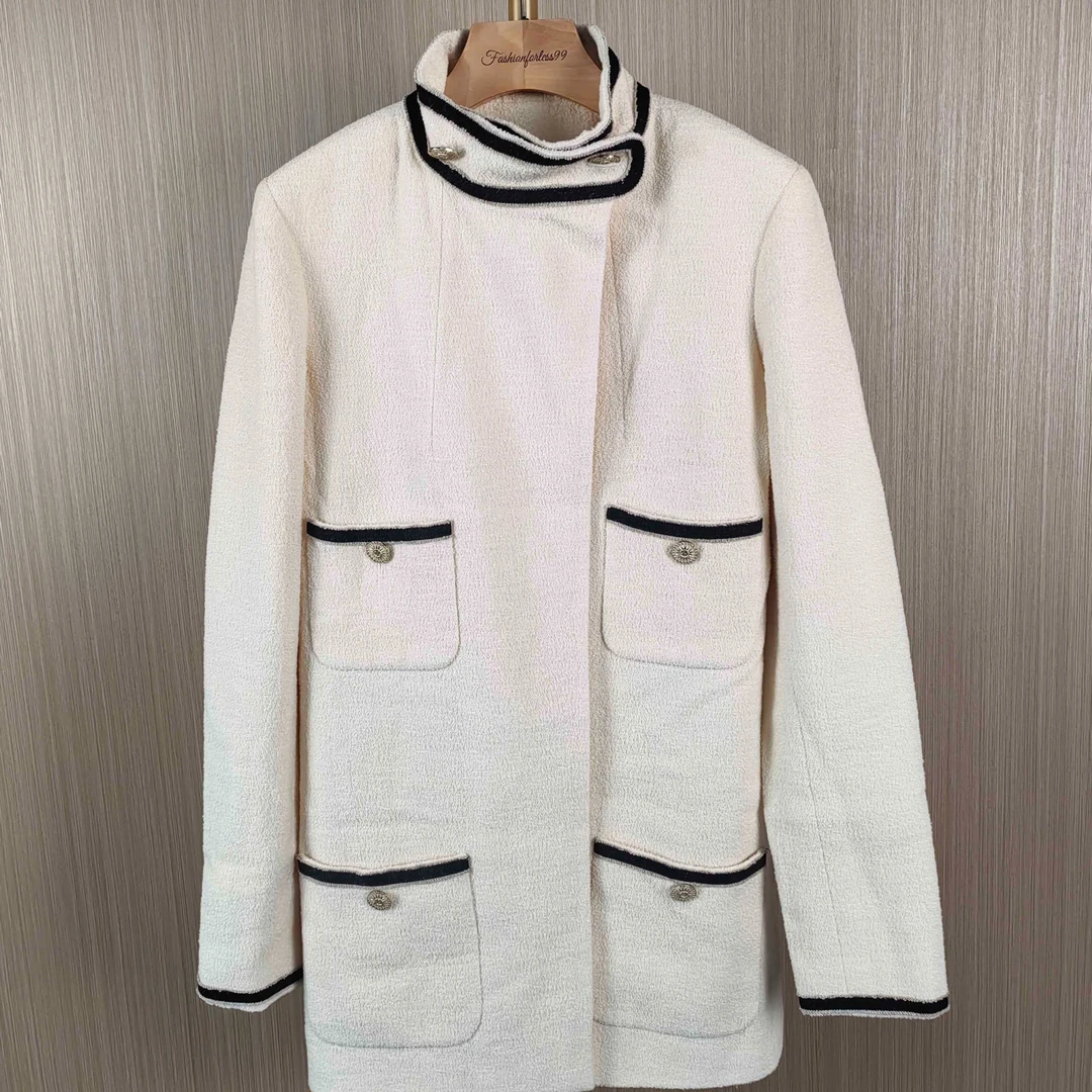 99新 Chanel/香奈儿 奶白粗花呢黑白立领外套 38 18205960