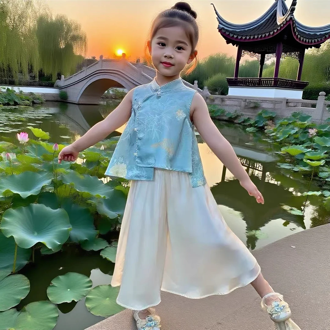 女童新中式国风套装夏装2025新款小女孩缎面提花上衣阔腿裤两件套
