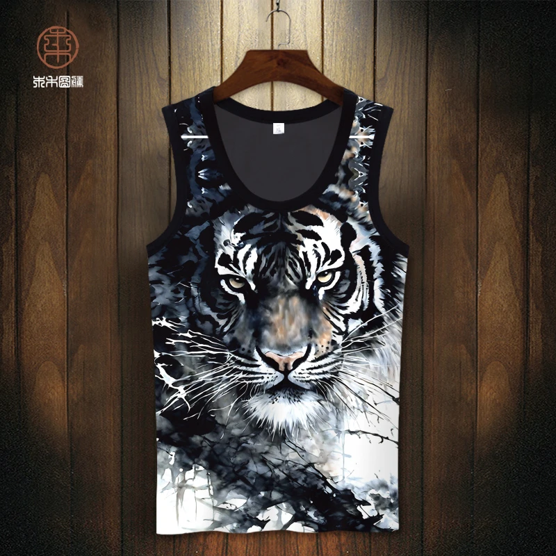 潮牌老虎头印花无袖T恤男薄款背心大码潮流休闲砍袖坎肩百搭衣服