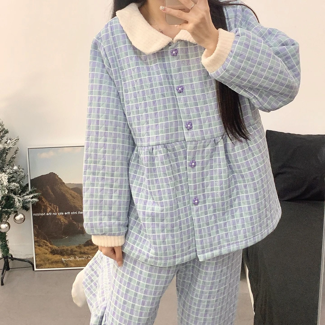 新款秋冬季带胸垫柔软加厚保暖空气棉夹层月子服孕妇产后哺乳套装