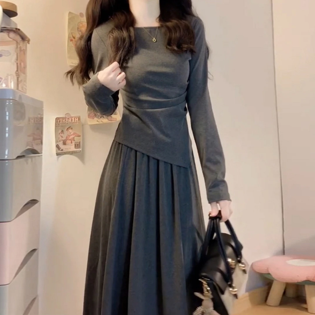 小个子巨好看的秋冬穿搭灰色连衣裙子女装冬季新款收腰高级感长裙