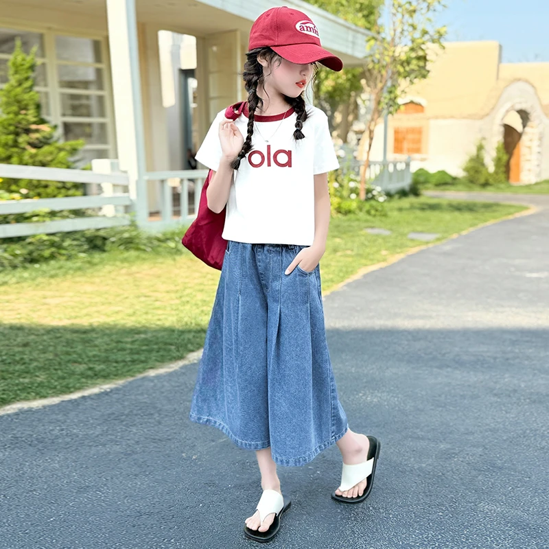 女童夏装套装洋气儿童T恤牛仔七分裤中大童潮款夏款时尚两件套