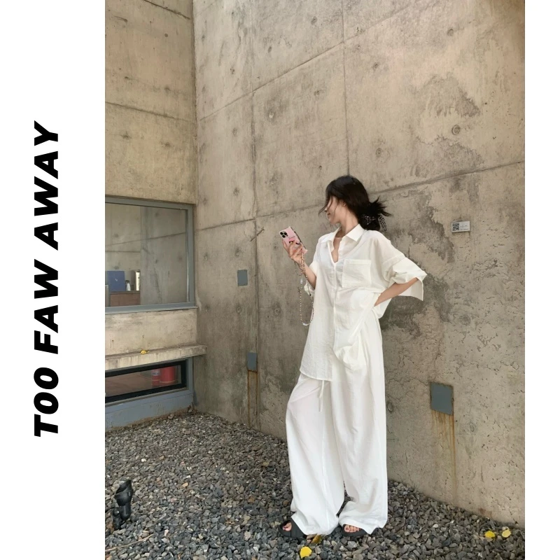 小众老钱风春夏慵懒套装宽松休闲衬衫开衫+高腰亚麻休闲阔腿裤