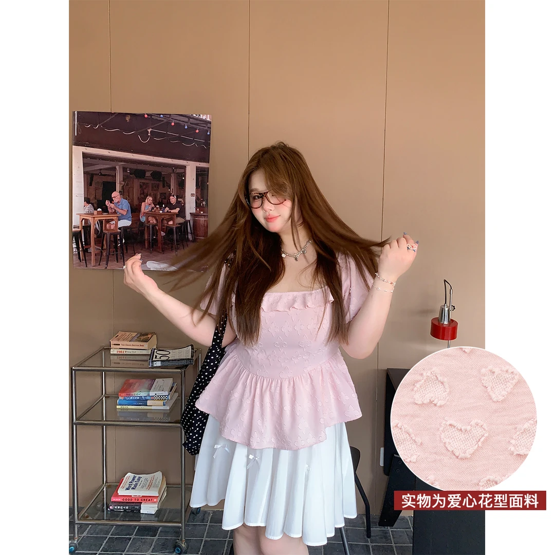 93徐达布【心跳芙蓉】大码粉色衬衫女夏季时尚胖妹妹上衣C32061C51