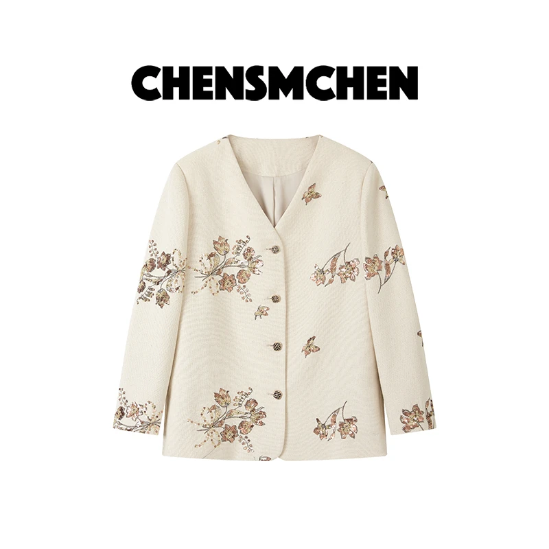 CHENSMCHEN时尚复古刺绣V领长袖外套女秋季通勤百搭上衣CSW7498WL