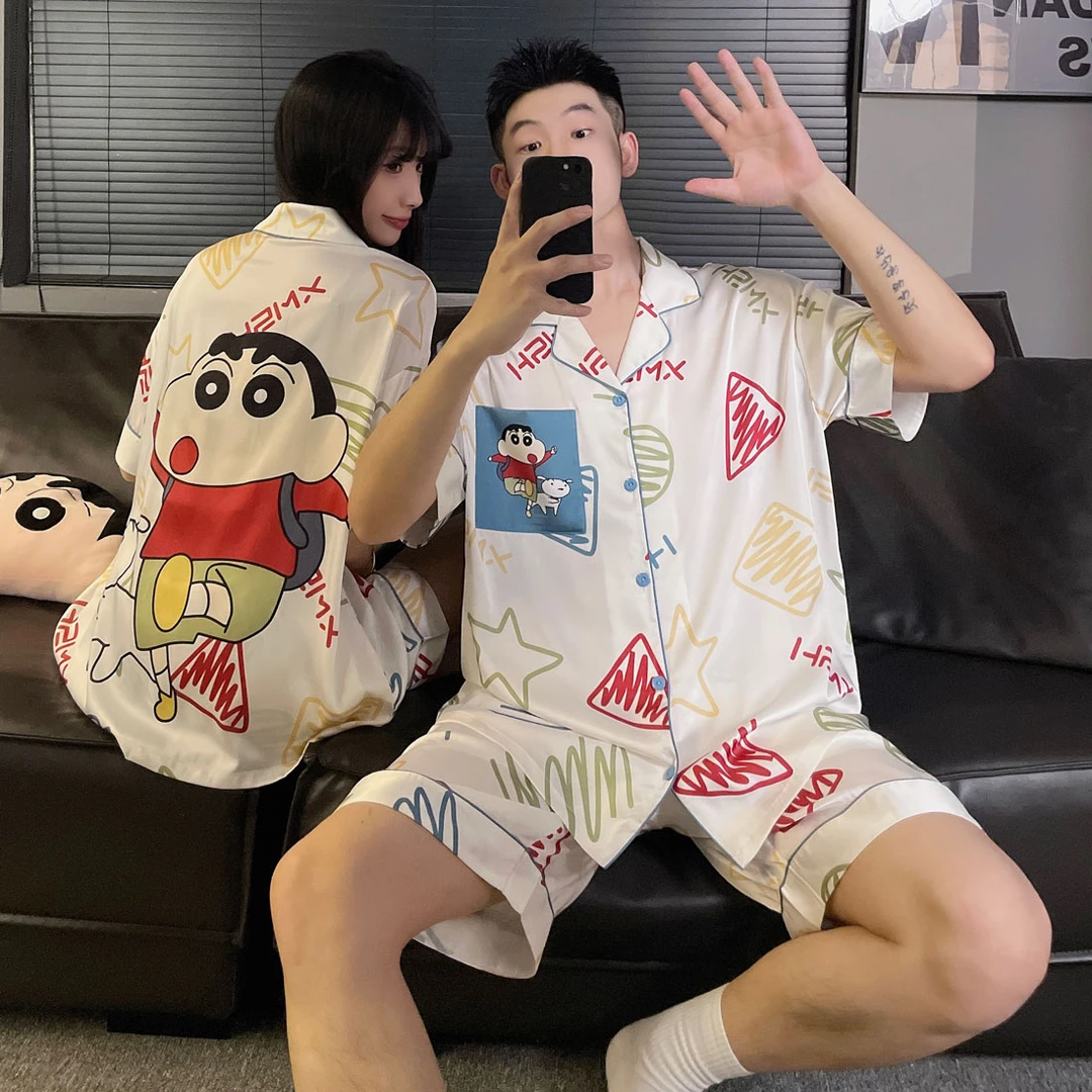 网红爆款冰丝情侣睡衣女夏季短袖薄款凉感卡通青少年男士家居服