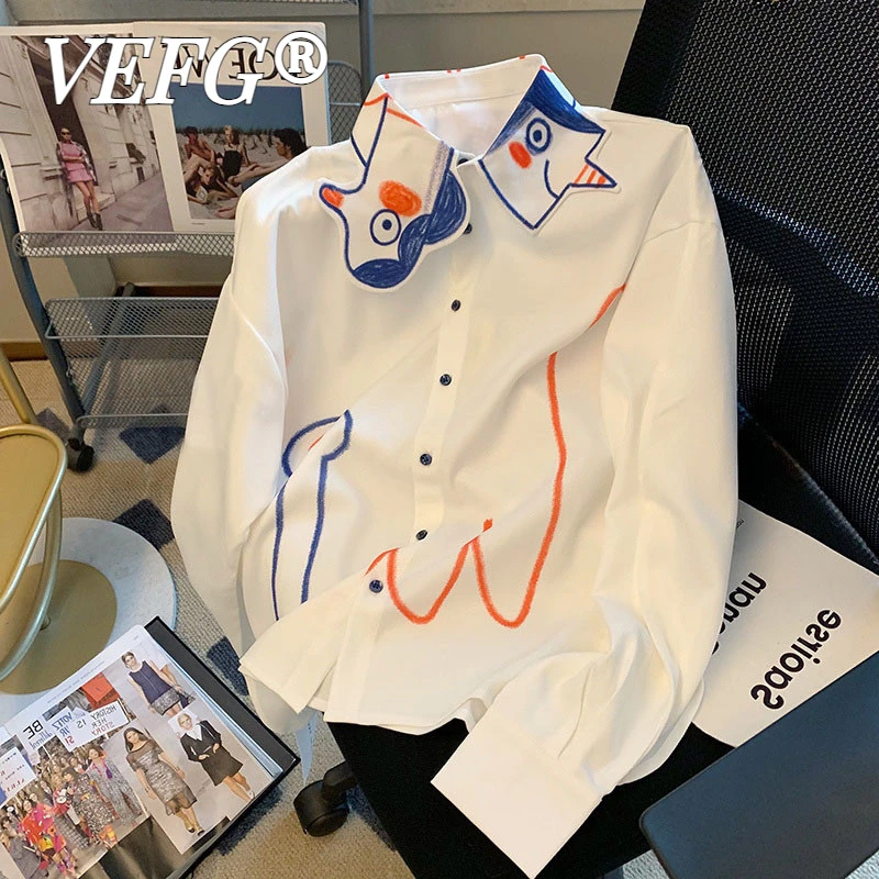 VEFG小众设计感趣味涂鸦翻领衬衫女春秋季时尚洋气宽松别致衬衣女