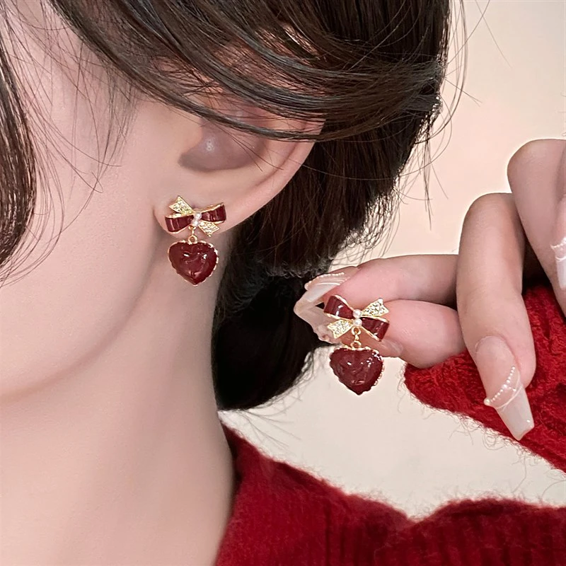 钛钢琉璃耳饰 法式蝴蝶结红色爱心耳钉