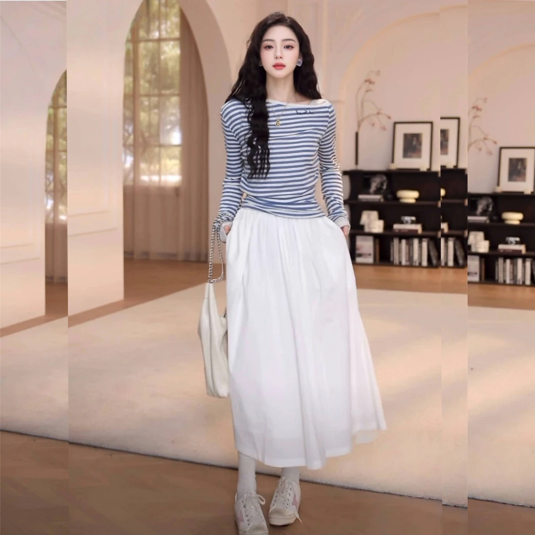 2025春夏休闲气质时尚百搭高腰显瘦白色中长款A字半身裙长裙6397