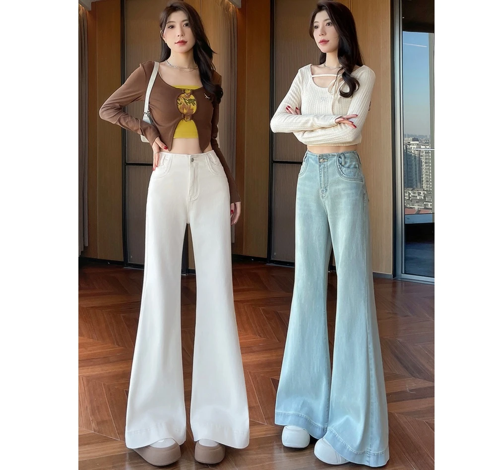 1693高腰弹力阔腿牛仔喇叭裤显气质面料软有弹性