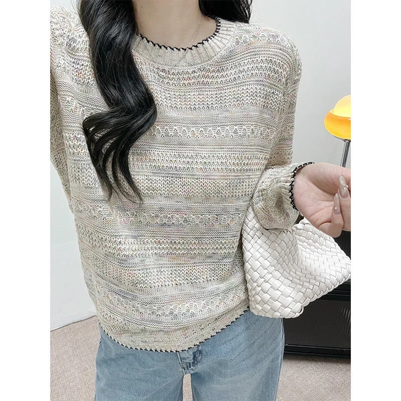 幻彩圆领针织衫女春装新款时尚洋气宽松毛衣打底衫上衣长袖