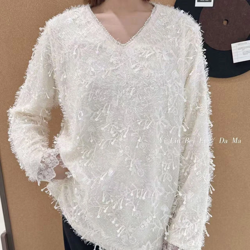欧货大码女装冬季新款胖mm钉珠V领流苏亮片加绒T恤打底衫200斤