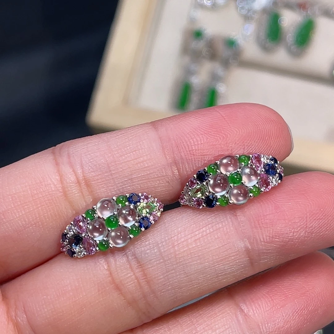 翡翠18K金镶嵌耳饰多宝