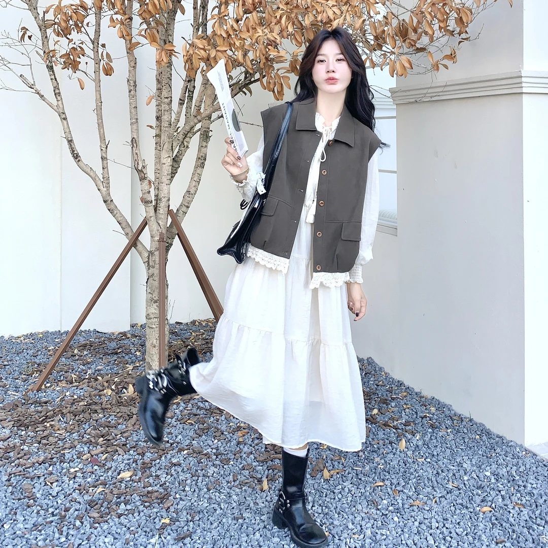 氛围感蕾丝洋气马甲长袖连衣裙套装女秋2025新款一整套穿搭两件套