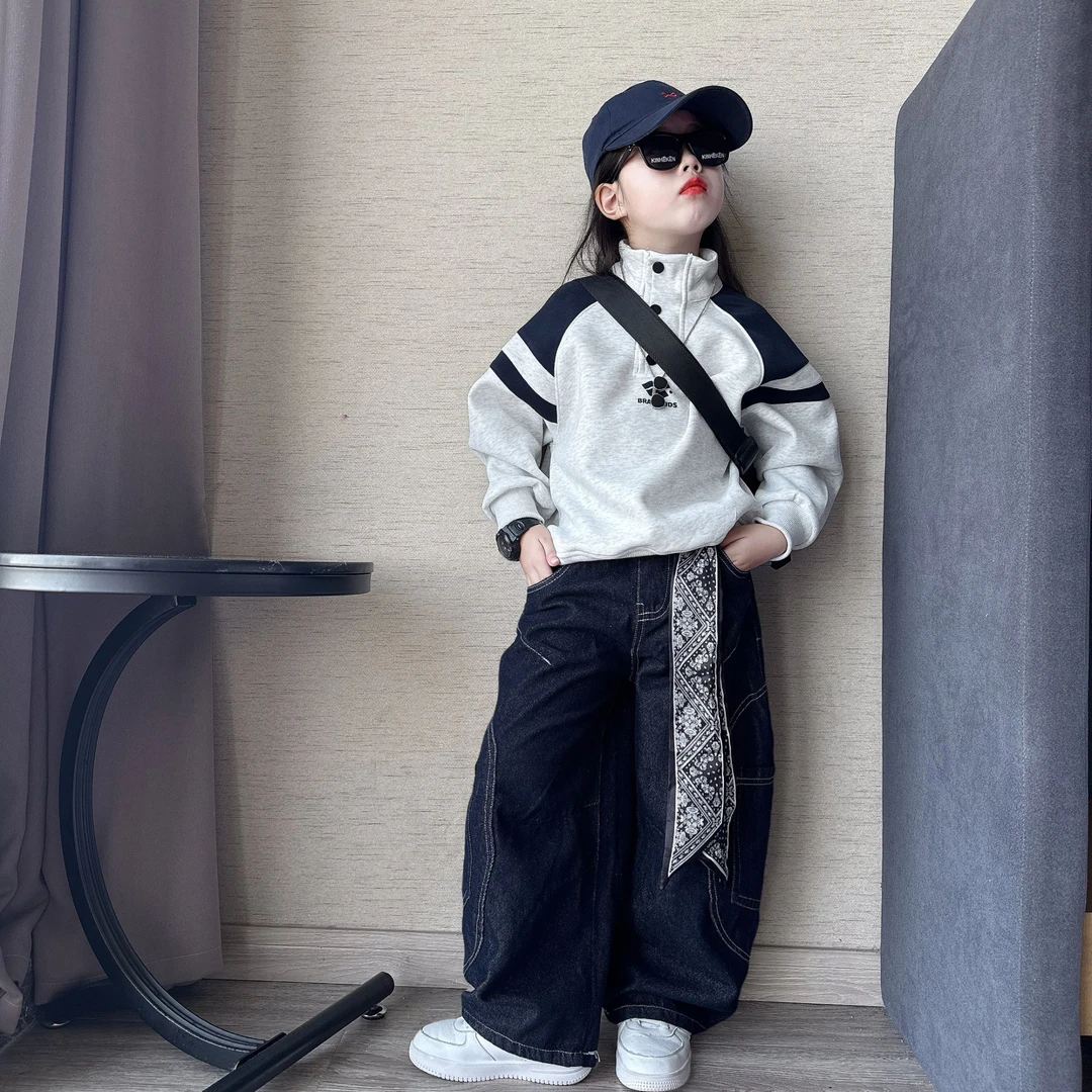 男女童春秋季运动时尚立领卫衣中大童潮酷休闲牛仔工装裤老爹裤潮