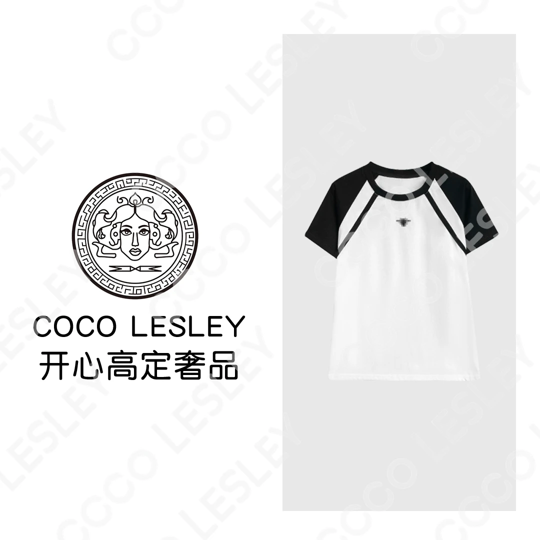 【COCO LESLEY】68110#拼接刺绣短袖T恤2025休闲百搭个性潮流上衣