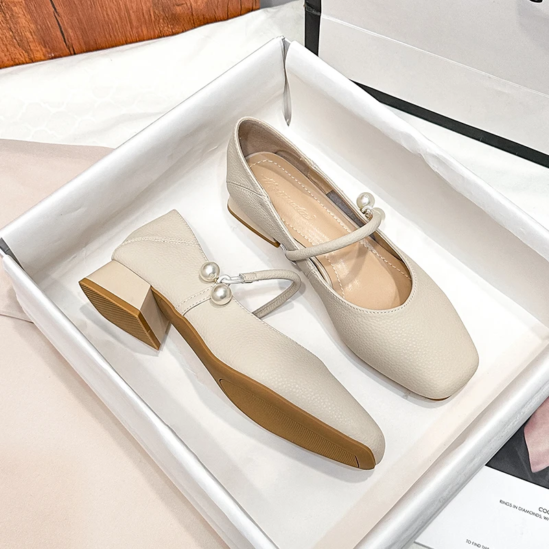 真皮法式粗跟玛丽珍鞋女2025新款气质温柔鞋中跟小香风浅口奶奶鞋