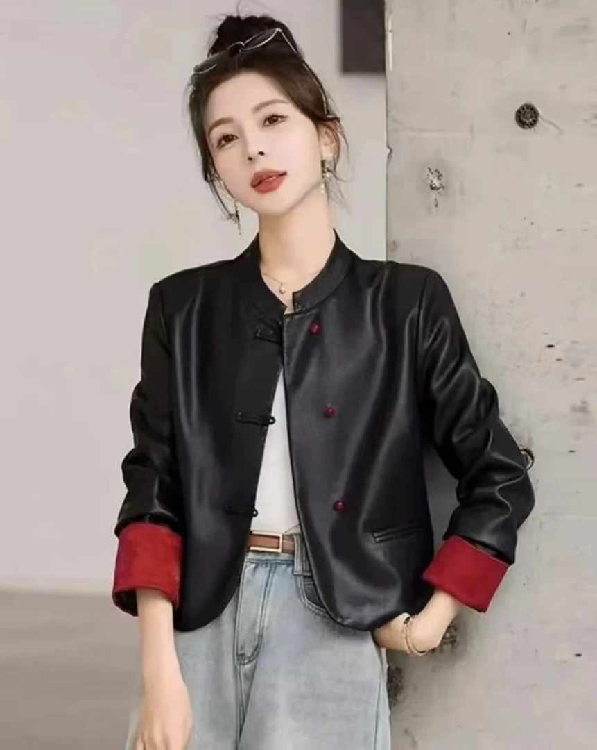 【JX076皮衣短款外套】防风防水休闲时尚黑色网红百搭女士修身翻领