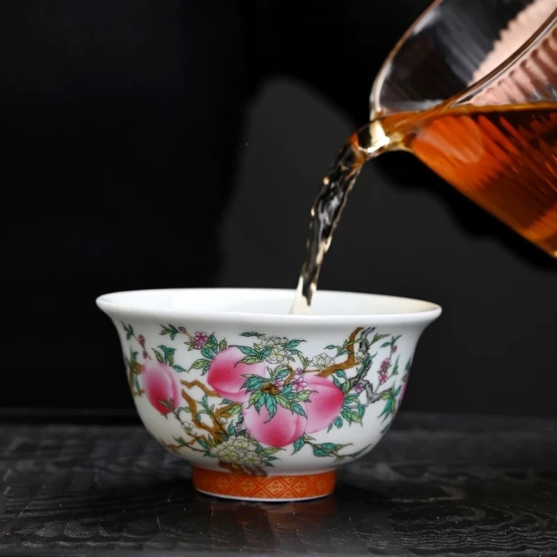 陶瓷寿桃主人杯个人专用杯单杯家用茶具品茗杯茶盏粉彩九桃杯茶杯